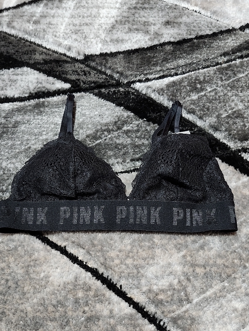 VS PINK 2019 BLACK FLORAL LACE TRIANGLE PLUNG UNLINED LOGO-BAND BRA BRALETTE
